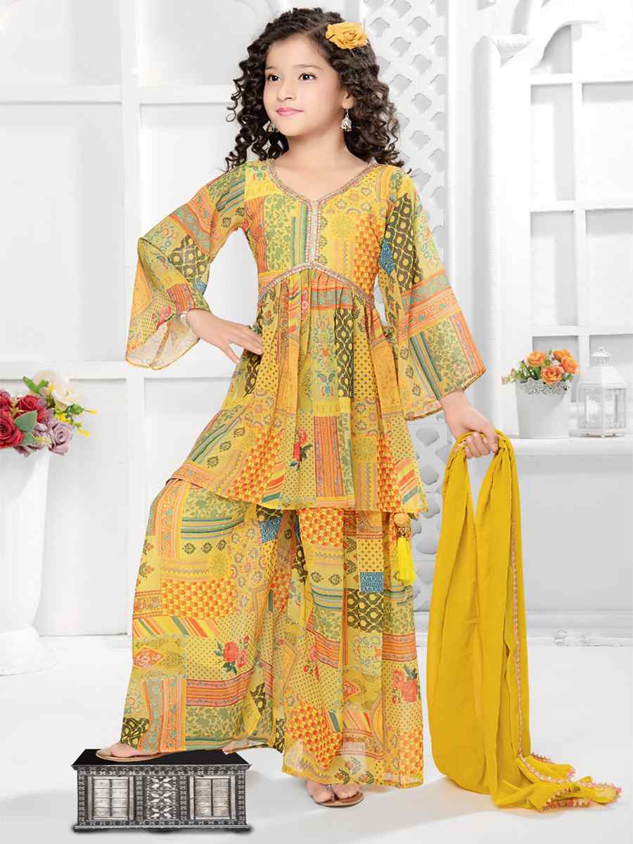 Lemon Mustard Georgette Printed Casual Festival Salwars Girls Wear