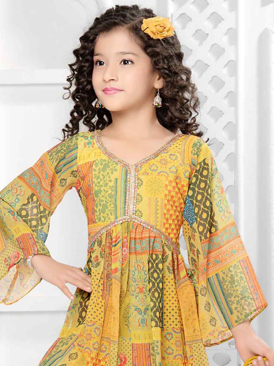 Lemon Mustard Georgette Printed Casual Festival Salwars Girls Wear