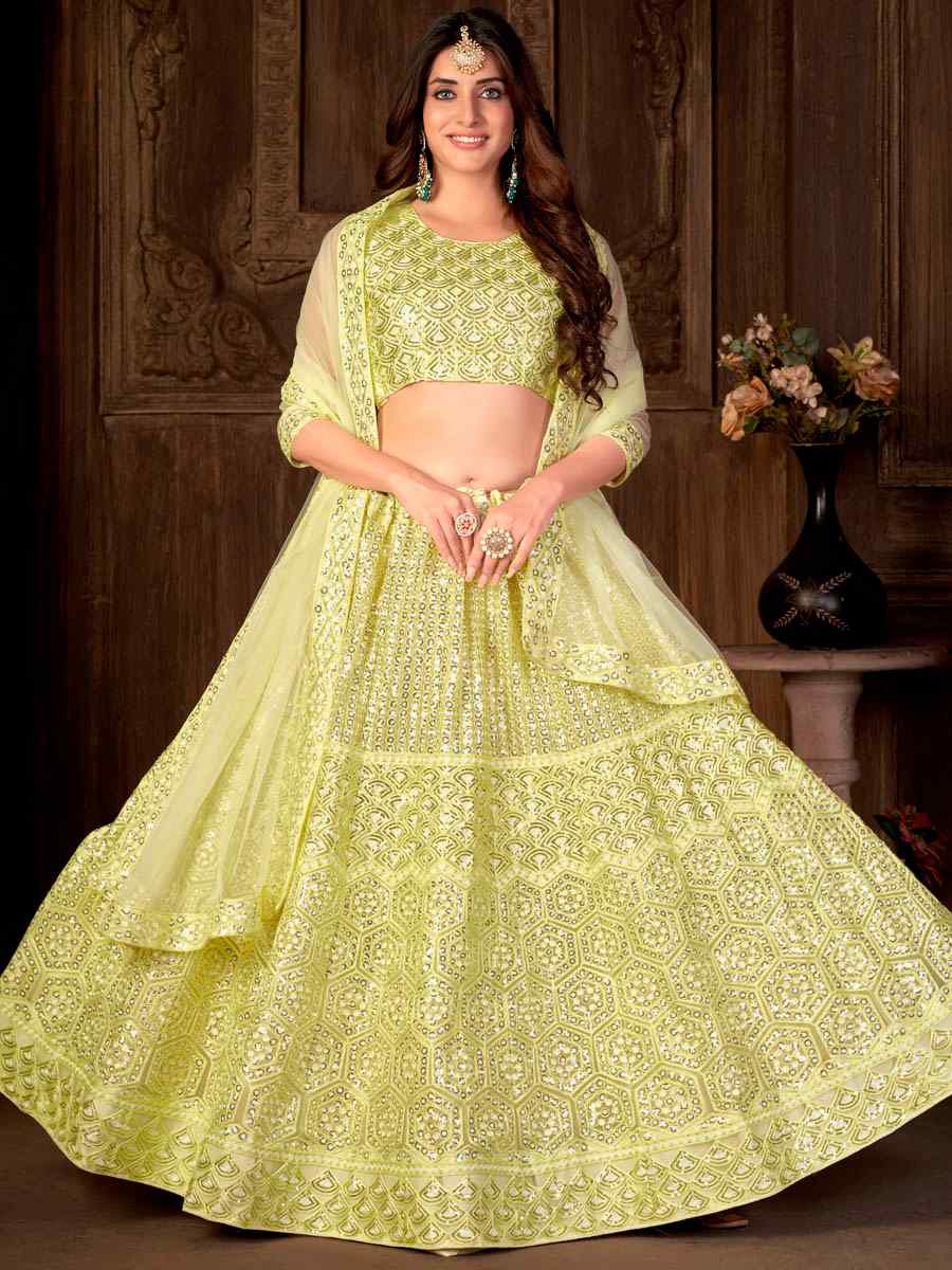 Lemon Net Embroidered Festival Party Wear Heavy Border Lehenga Choli