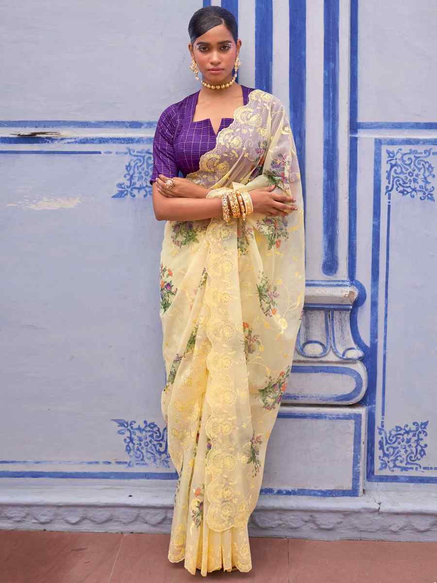 Lemon Organza Printed Casual Festival Contemporary Saree