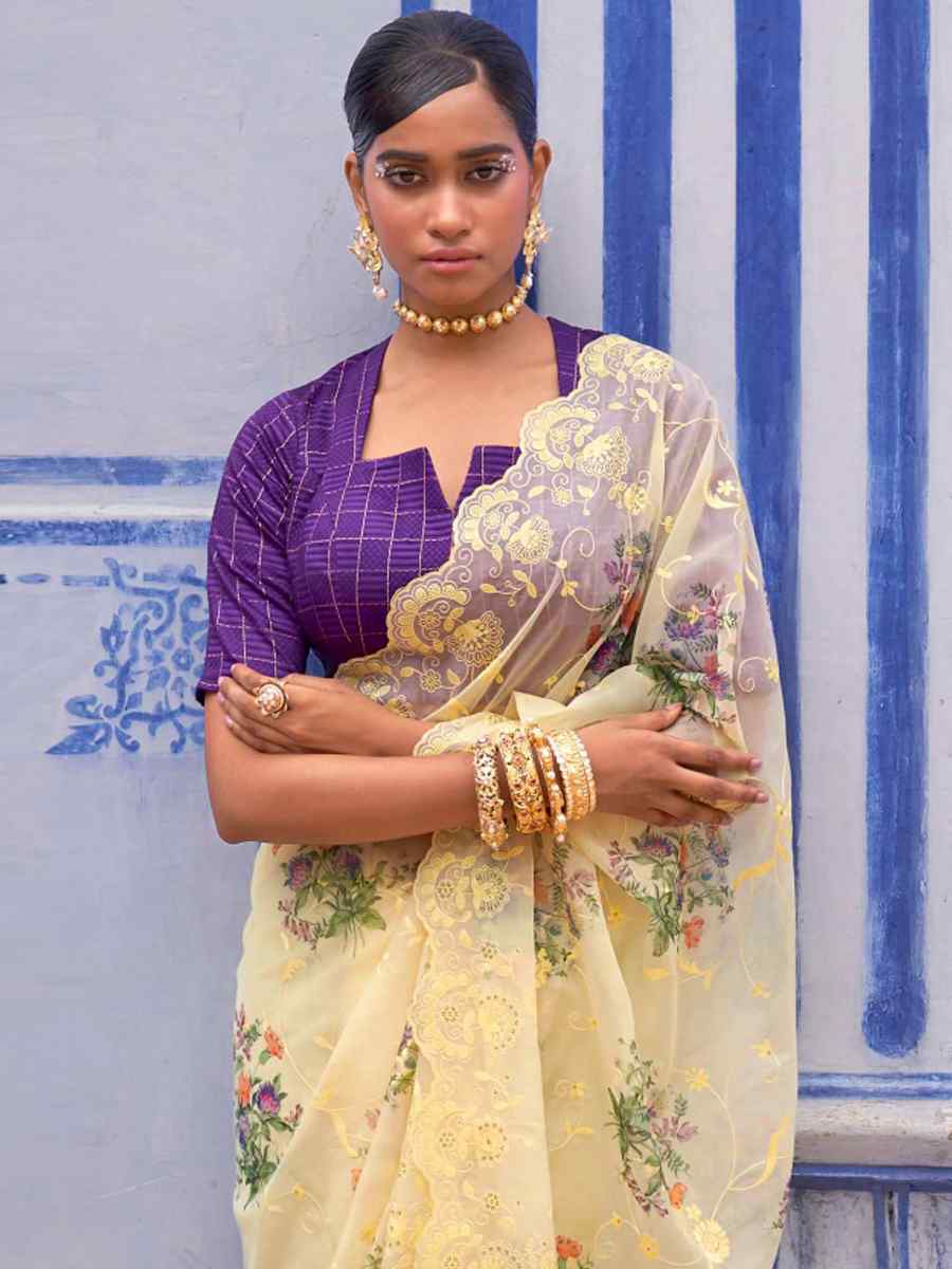 Lemon Organza Printed Casual Festival Contemporary Saree