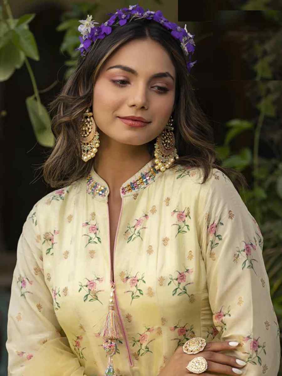 Lemon Pure Dola Jacquard Embroidered Festival Party Ready Anarkali Salwar Kameez