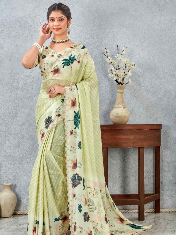 Image of Lemon Satin Silk Printed Traditional Casual Reception Festival Wedding Fancy Heavy Border Saree