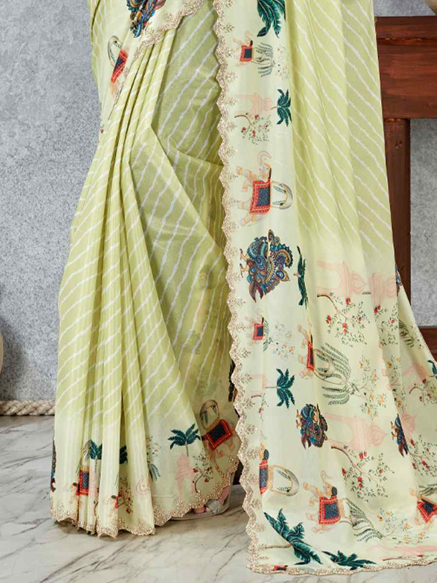 Lemon Satin Silk Printed Traditional Casual Reception Festival Wedding Fancy Heavy Border Saree