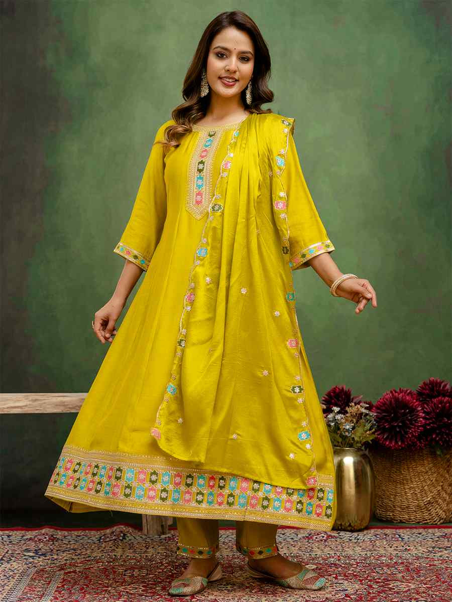 Lemon Silk Blend Embroidery Party Wedding Festival Casual Ready Pant Salwar Kameez