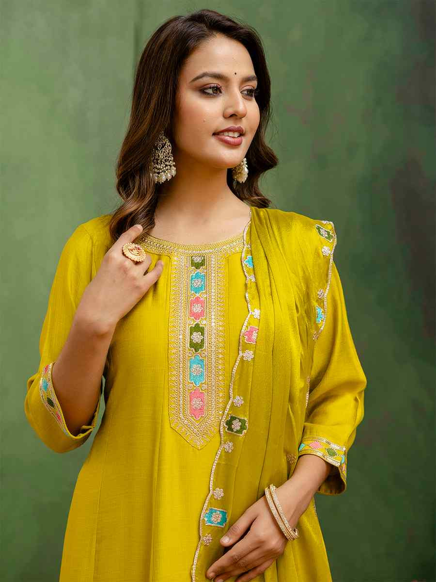 Lemon Silk Blend Embroidery Party Wedding Festival Casual Ready Pant Salwar Kameez