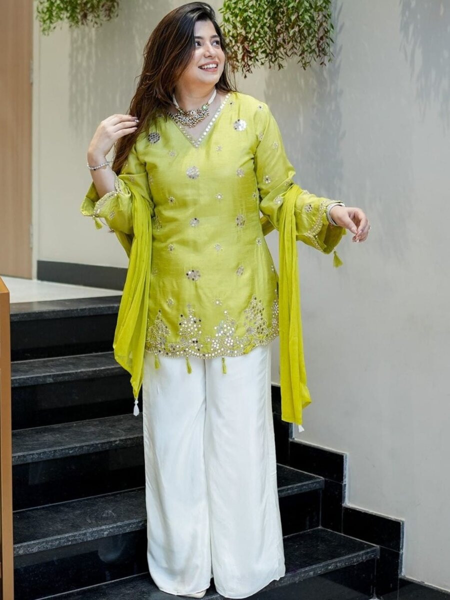 Lemon Silk Embroidery Mirror Work Wedding Party Festival Casual Ready Palazzo Pant Salwar Kameez