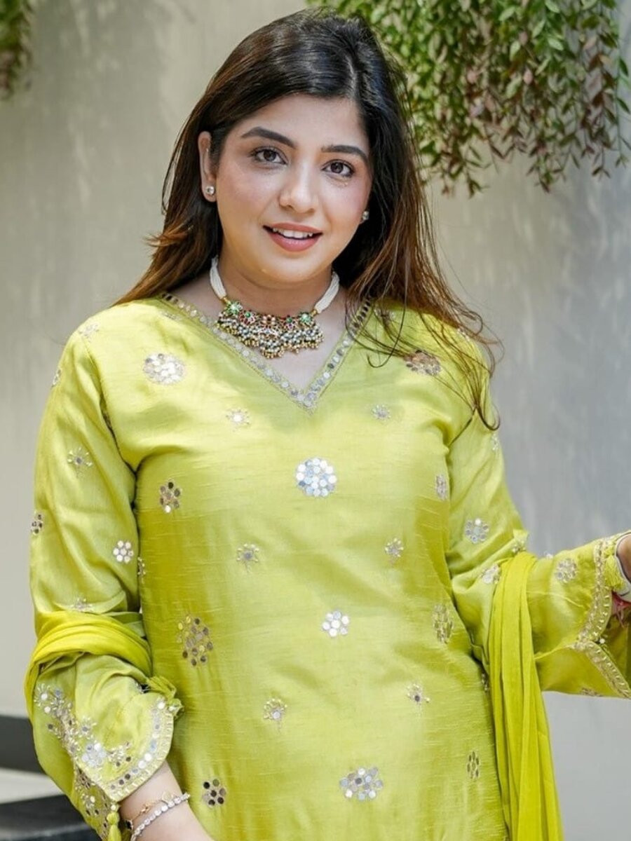 Lemon Silk Embroidery Mirror Work Wedding Party Festival Casual Ready Palazzo Pant Salwar Kameez