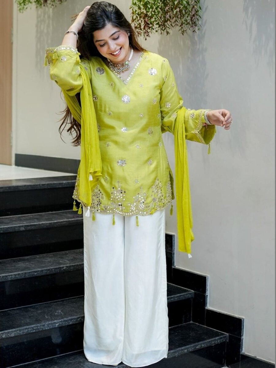 Lemon Silk Embroidery Mirror Work Wedding Party Festival Casual Ready Palazzo Pant Salwar Kameez