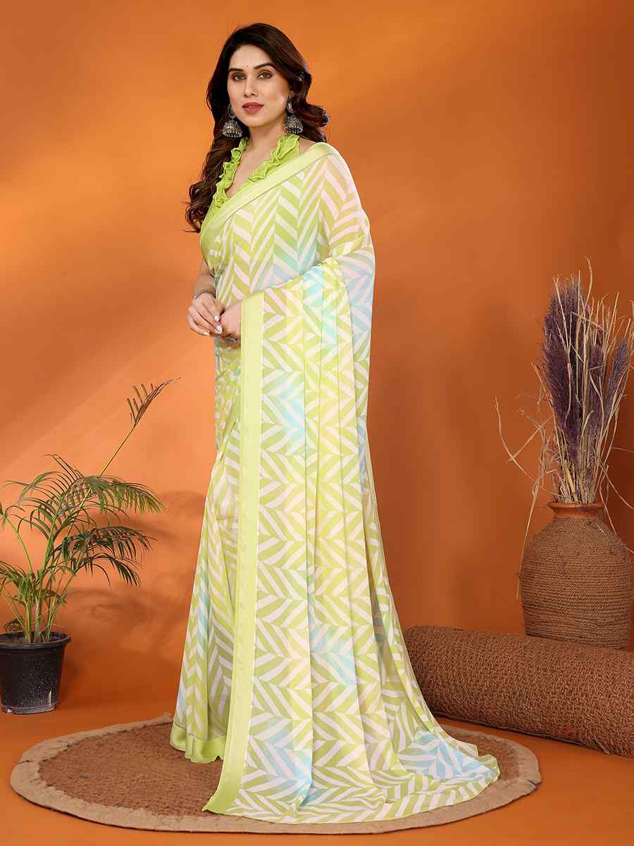 lemon Soft Bright Moss Satin Patta Printed Festival Casual Classic Style Saree