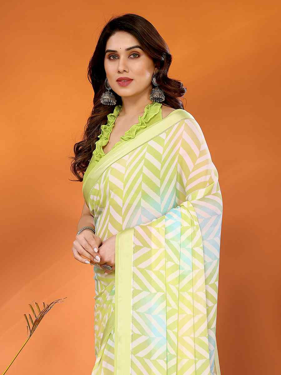 lemon Soft Bright Moss Satin Patta Printed Festival Casual Classic Style Saree