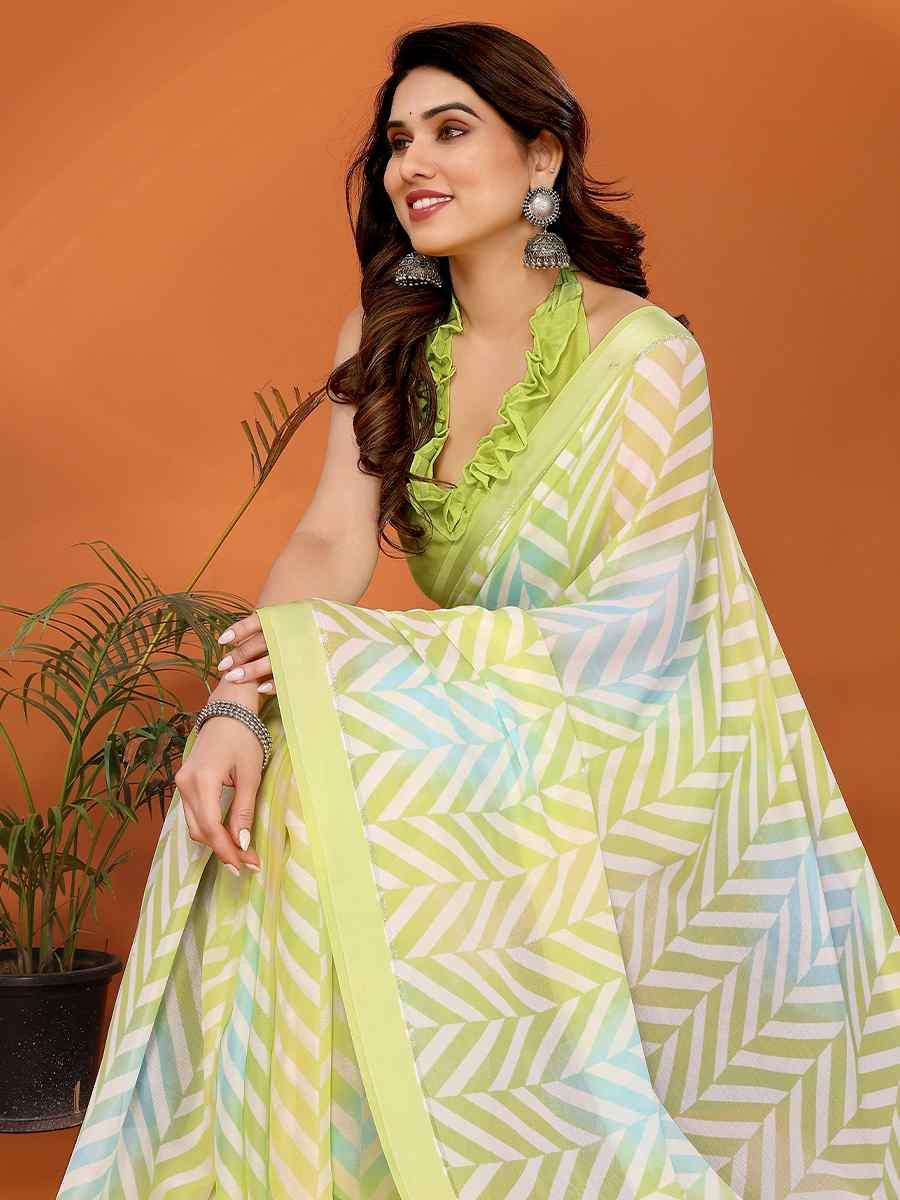lemon Soft Bright Moss Satin Patta Printed Festival Casual Classic Style Saree