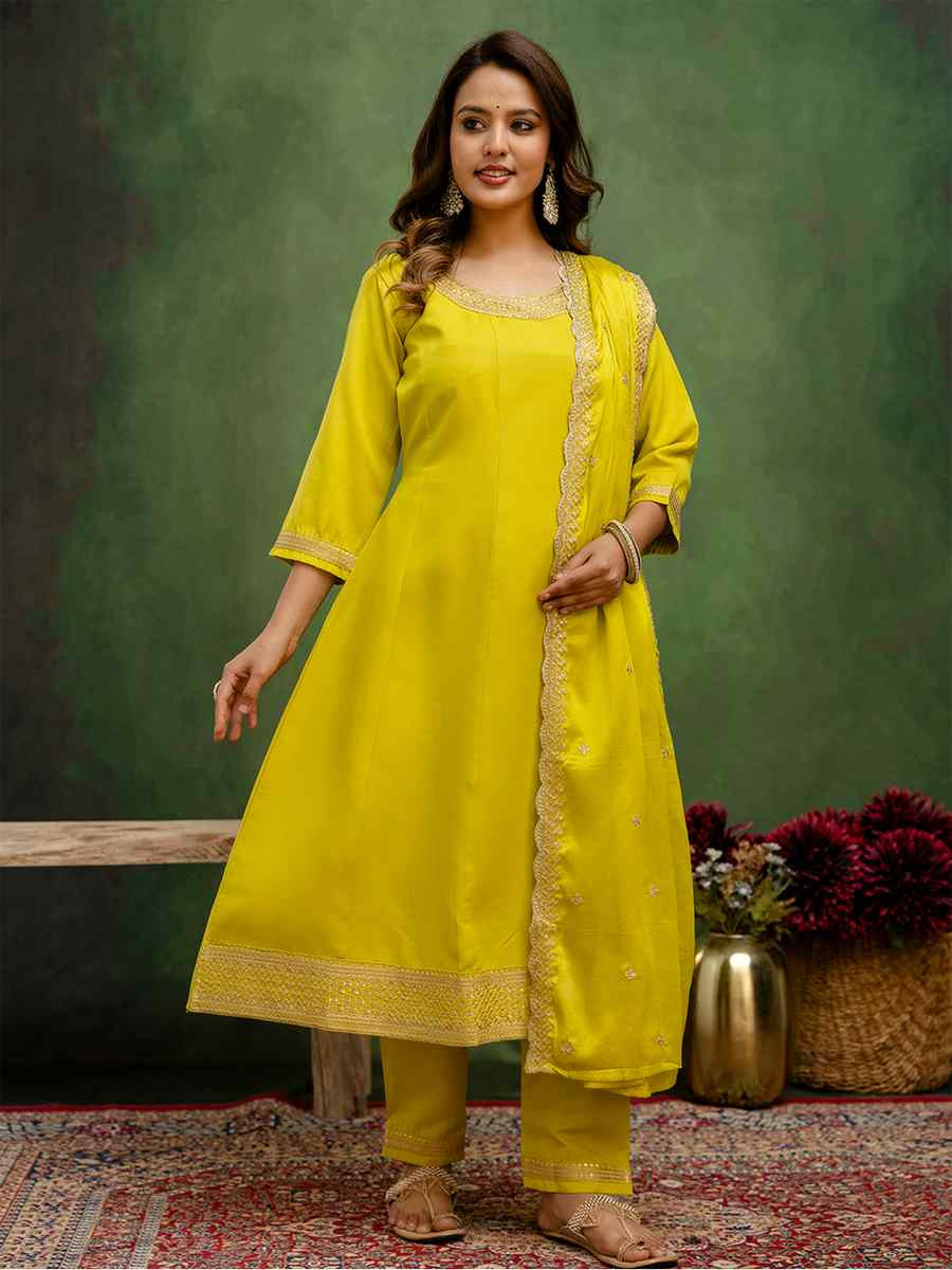 Lemon Viscose Rayon Embroidery Party Wedding Festival Casual Ready Anarkali Salwar Kameez