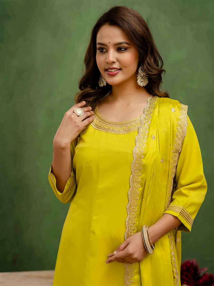 Lemon Viscose Rayon Embroidery Party Wedding Festival Casual Ready Anarkali Salwar Kameez