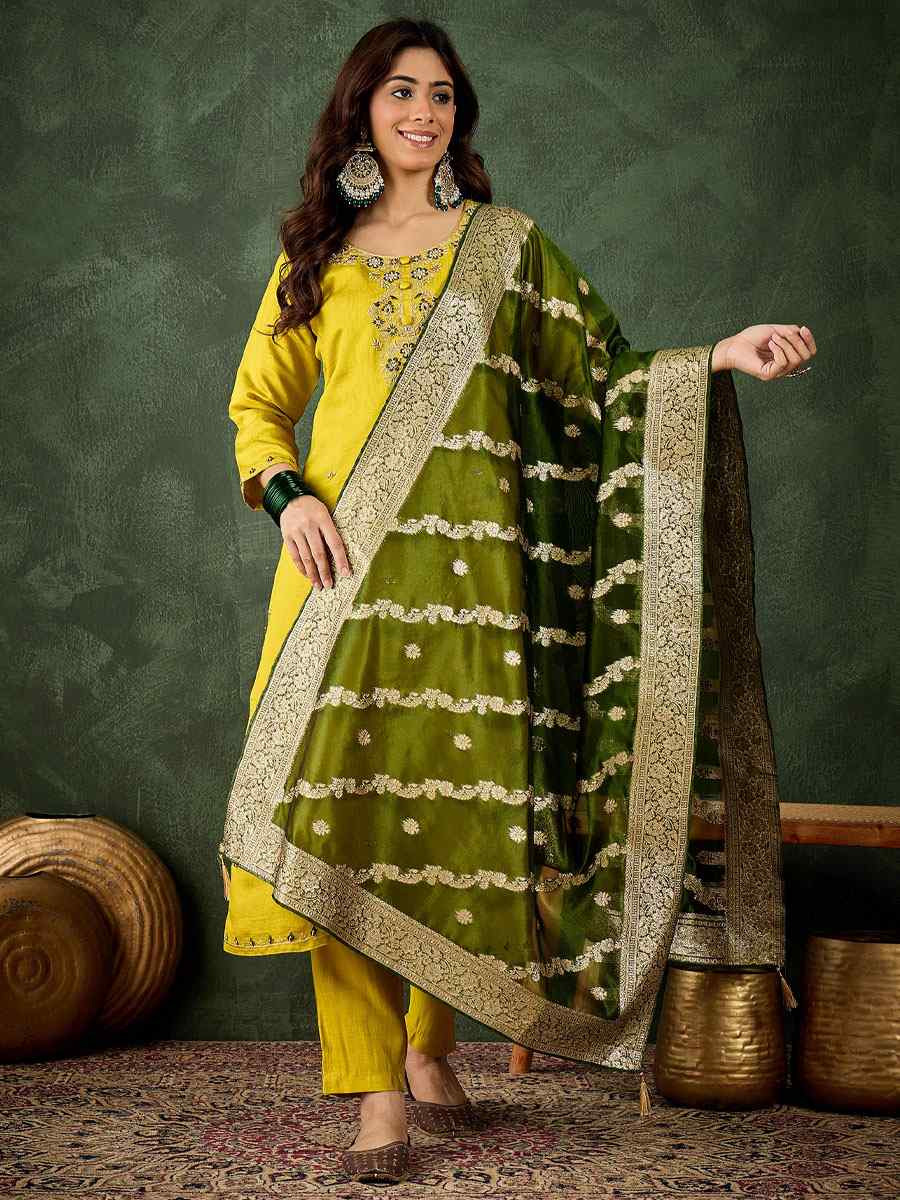 Lemon Viscose Rayon Embroidery Party Wedding Festival Casual Ready Pant Salwar Kameez