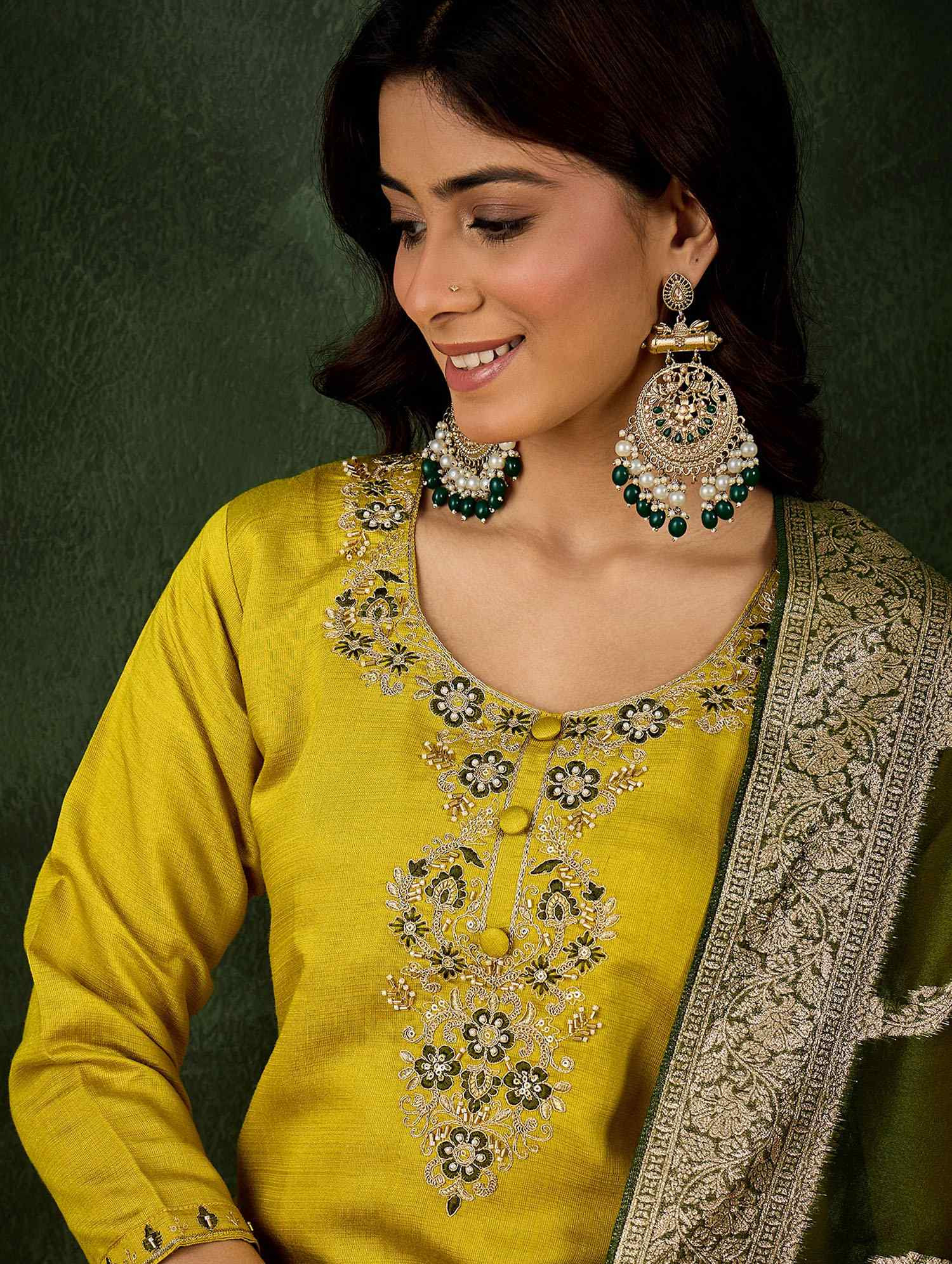 Lemon Viscose Rayon Embroidery Party Wedding Festival Casual Ready Pant Salwar Kameez