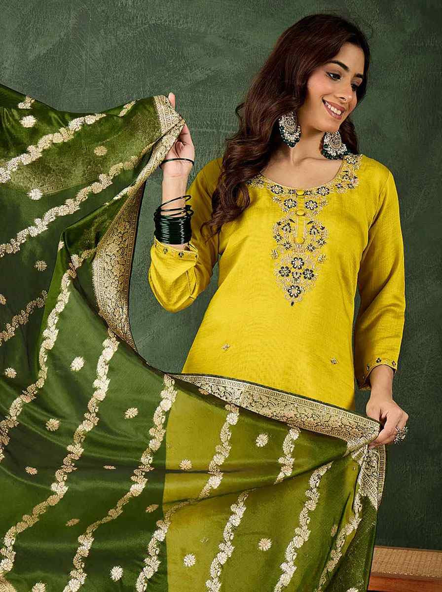Lemon Viscose Rayon Embroidery Party Wedding Festival Casual Ready Pant Salwar Kameez