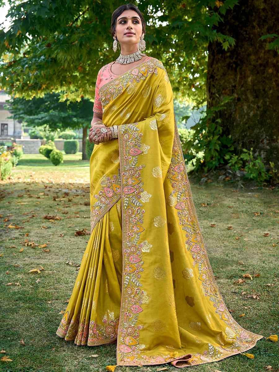 Lemon Yellow Banarasi Silk Embroidered Wedding Festival Heavy Border Saree