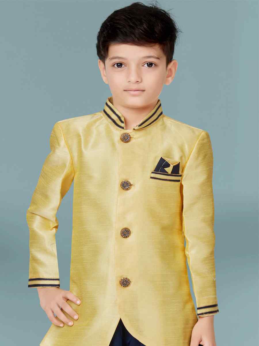 Lemon Yellow Banarasi Silk Floral Party Festival Kurta Dhoti Boys Wear
