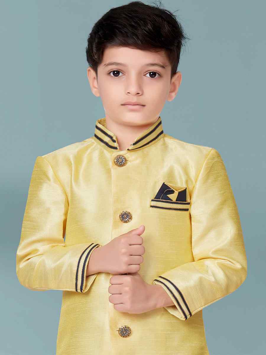 Lemon Yellow Banarasi Silk Floral Party Festival Kurta Dhoti Boys Wear