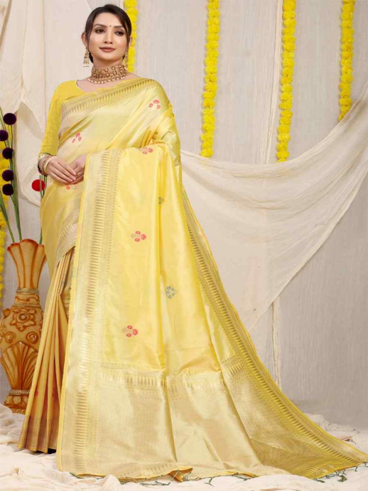 Lemon Yellow Banarasi Silk Handwoven Festival Casual Heavy Border Saree