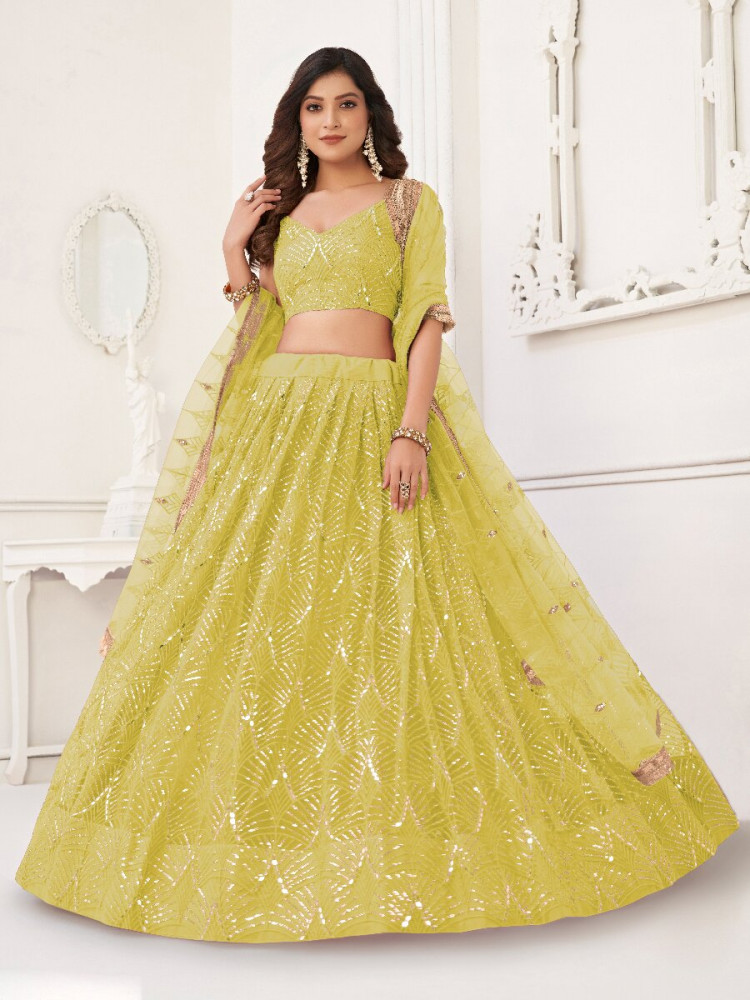 Image of Lemon Yellow Butterfly Net Embroidery Sequins Wedding Festival Party Wear Traditional Lehenga Choli