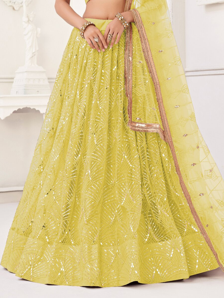 Lemon Yellow Butterfly Net Embroidery Sequins Wedding Festival Party Wear Traditional Lehenga Choli