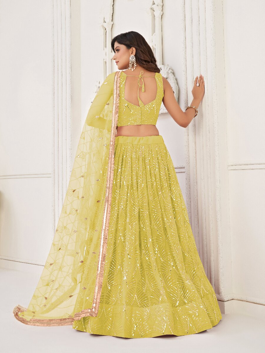 Lemon Yellow Butterfly Net Embroidery Sequins Wedding Festival Party Wear Traditional Lehenga Choli