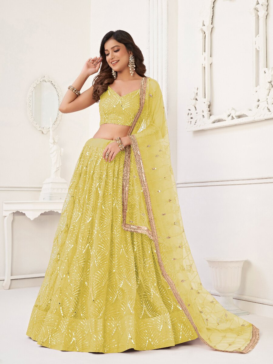 Lemon Yellow Butterfly Net Embroidery Sequins Wedding Festival Party Wear Traditional Lehenga Choli