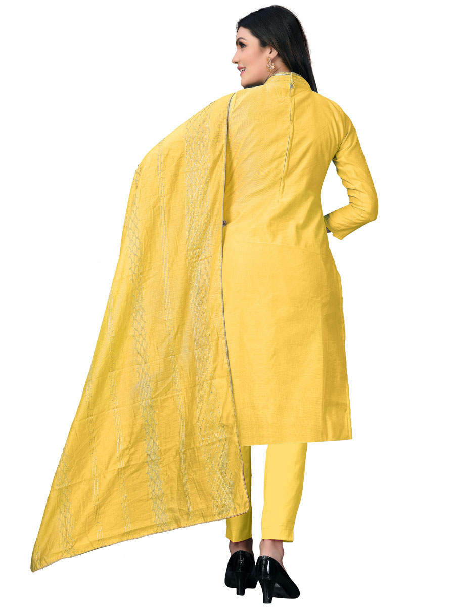 Lemon Yellow Chanderi Cotton Embroidered Festival Churidar Kameez