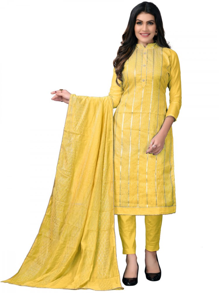 Lemon Yellow Chanderi Cotton Embroidered Festival Churidar Kameez