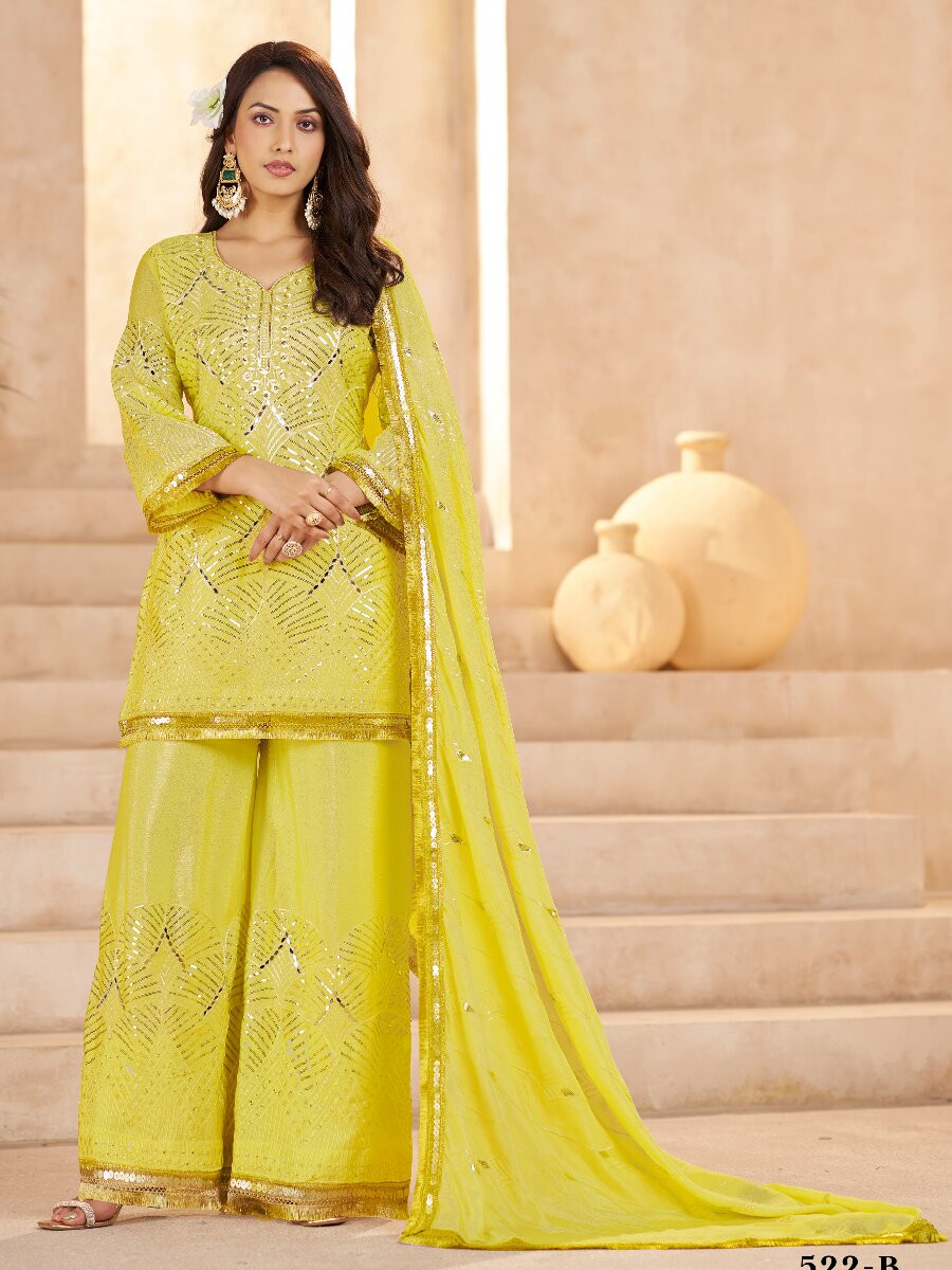 Lemon Yellow Chinon Sequins Wedding Party Festival Casual Palazzo Pant Salwar Kameez