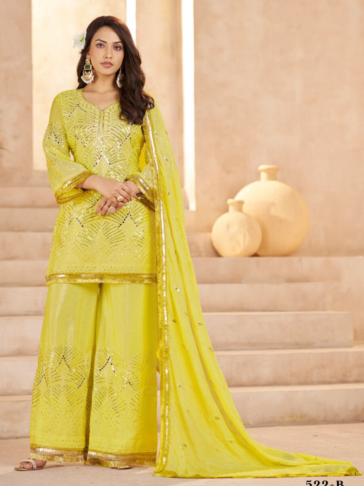 Image of Lemon Yellow Chinon Sequins Wedding Party Festival Casual Palazzo Pant Salwar Kameez