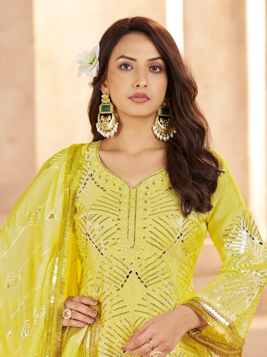 Lemon Yellow Chinon Sequins Wedding Party Festival Casual Palazzo Pant Salwar Kameez