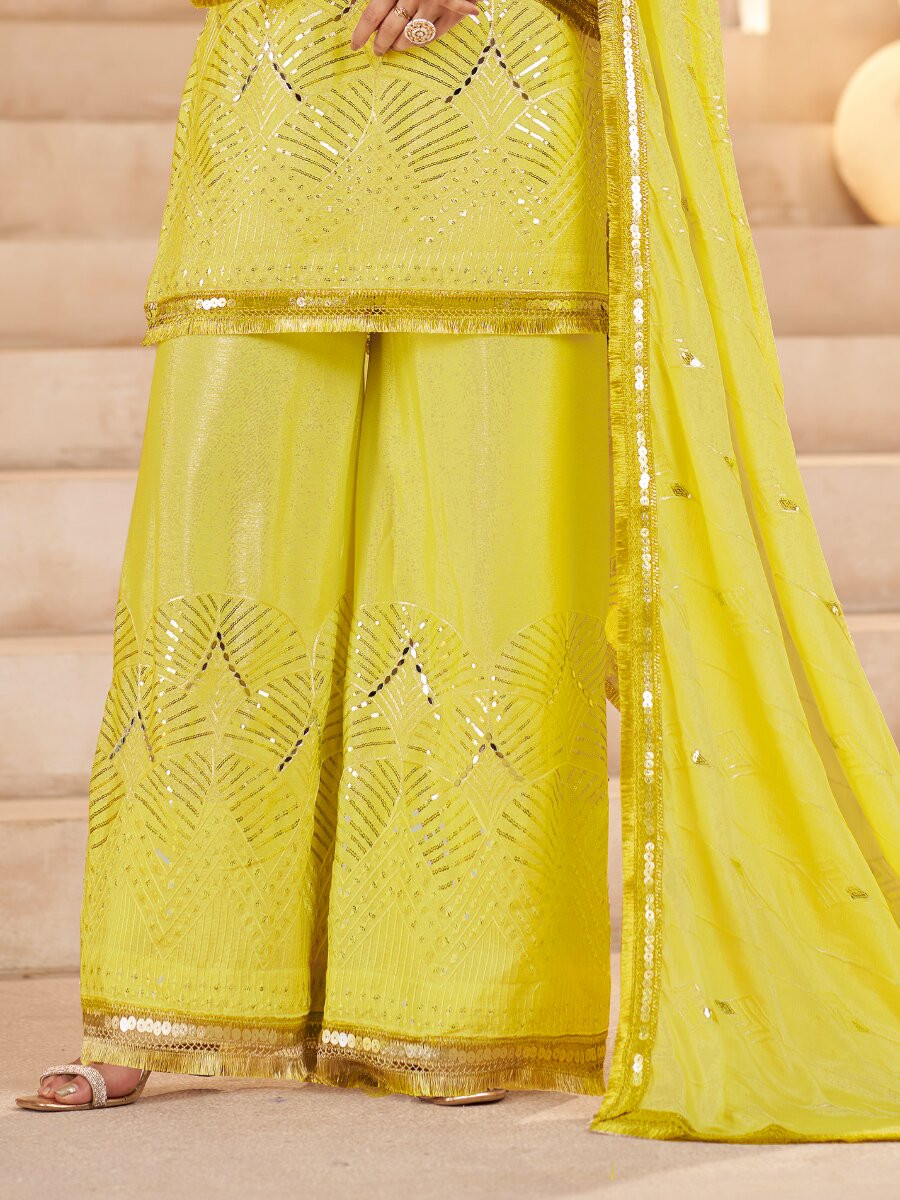 Lemon Yellow Chinon Sequins Wedding Party Festival Casual Palazzo Pant Salwar Kameez
