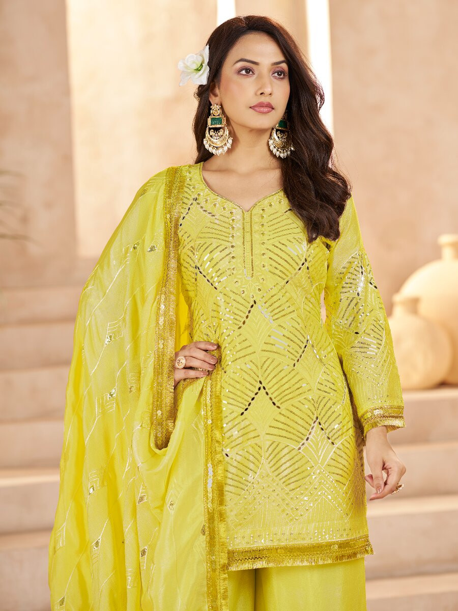 Lemon Yellow Chinon Sequins Wedding Party Festival Casual Palazzo Pant Salwar Kameez