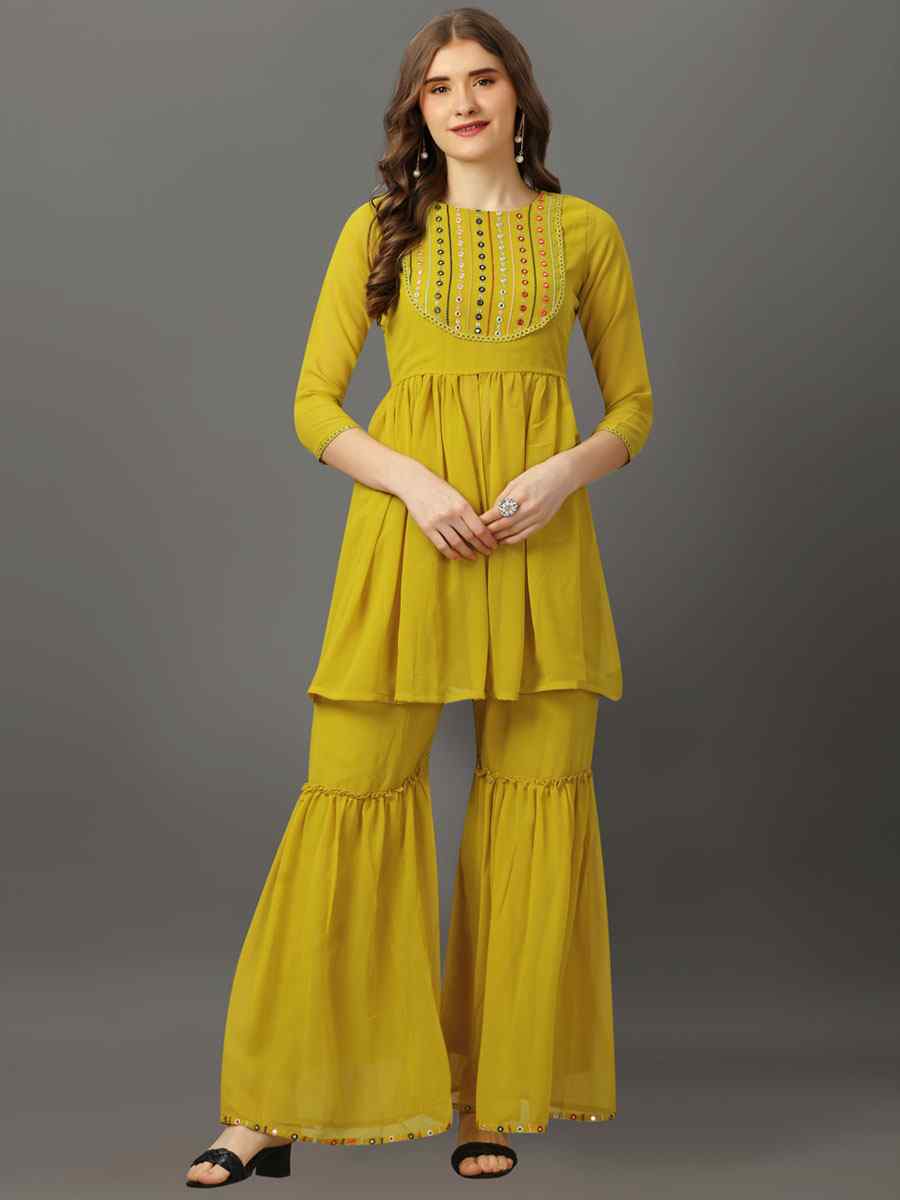 Lemon Yellow Georgette Embroidered Festival Casual Kurti with Bottom