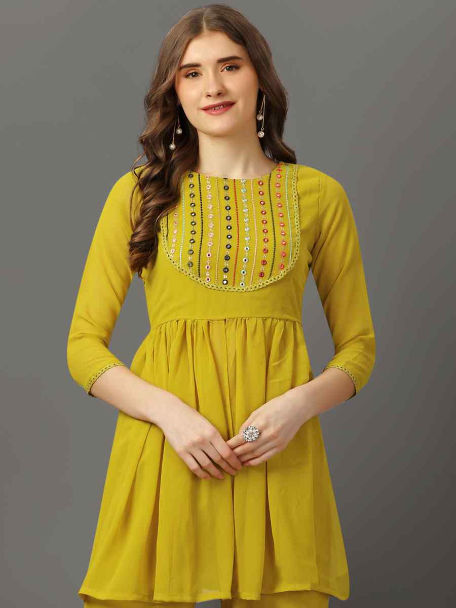Lemon Yellow Georgette Embroidered Festival Casual Kurti with Bottom