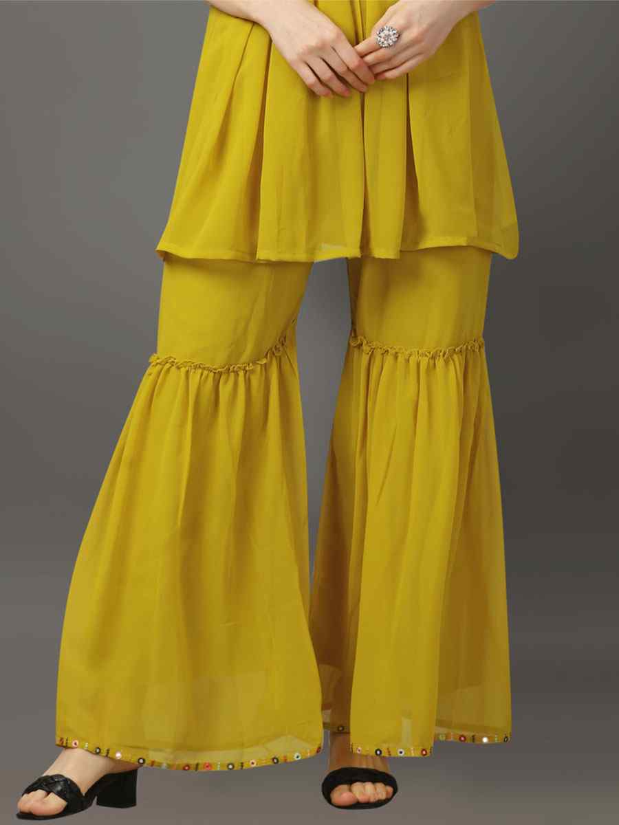 Lemon Yellow Georgette Embroidered Festival Casual Kurti with Bottom