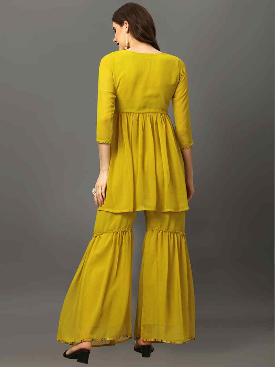 Lemon Yellow Georgette Embroidered Festival Casual Kurti with Bottom
