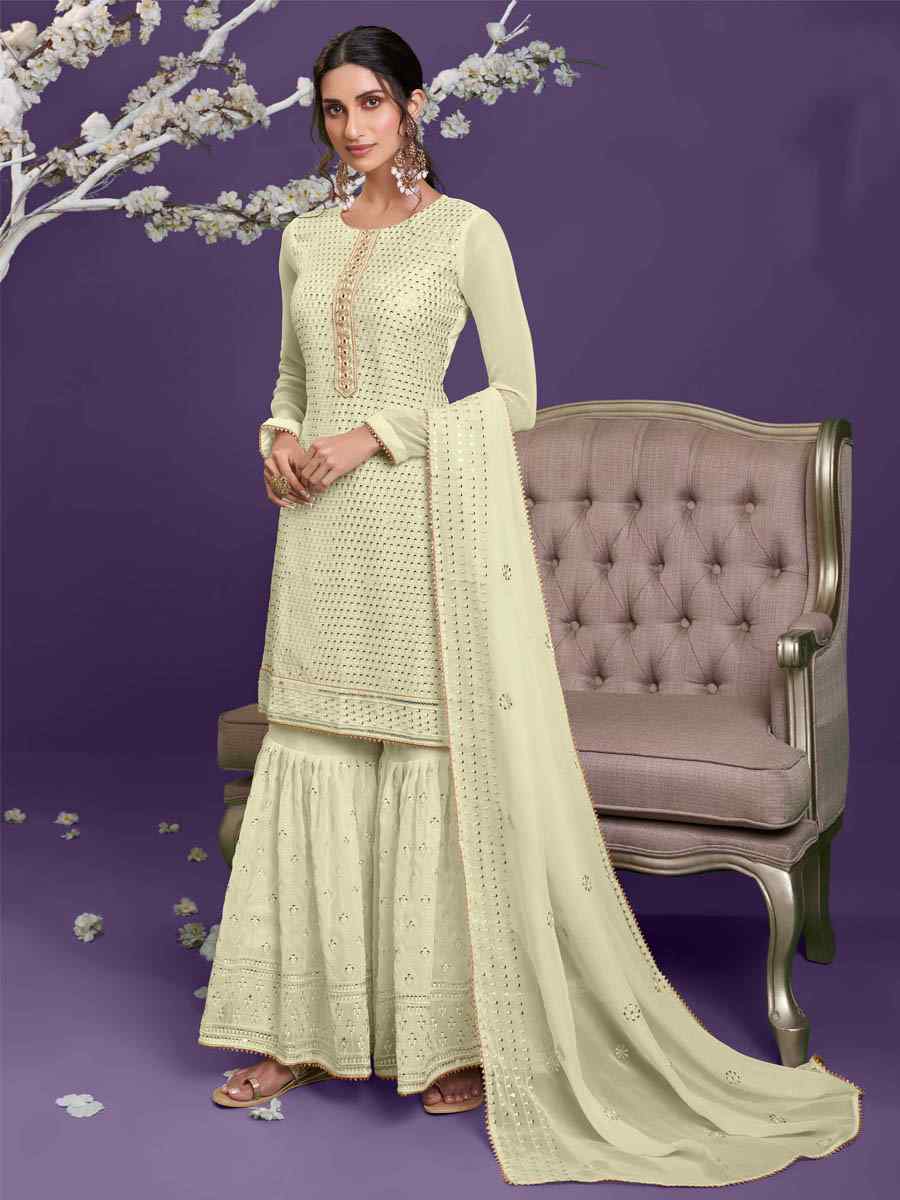 Lemon Yellow Georgette Embroidered Festival Wedding Sharara Pant Salwar Kameez