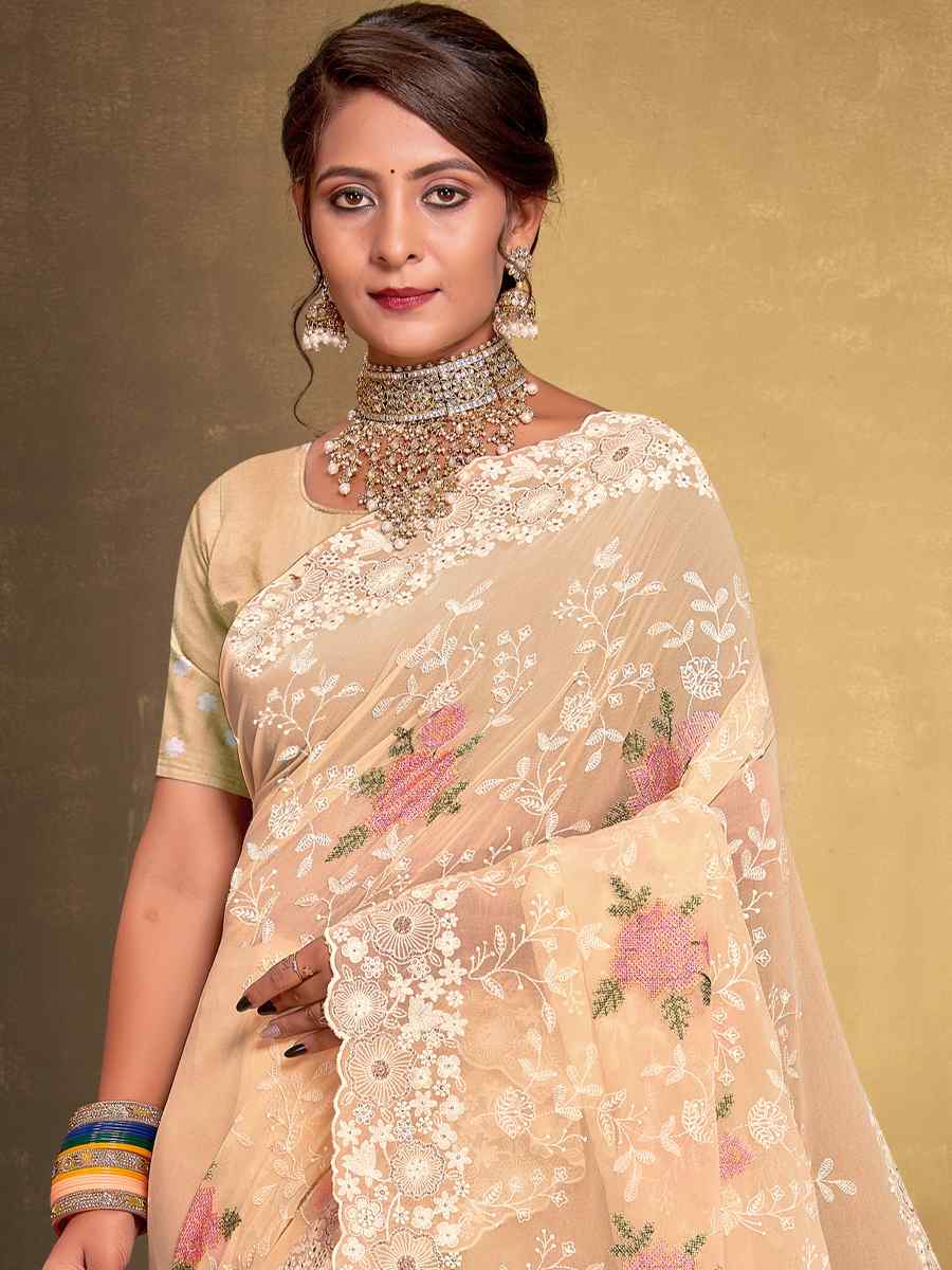 Lemon Yellow Georgette Embroidered Wedding Party Heavy Border Saree
