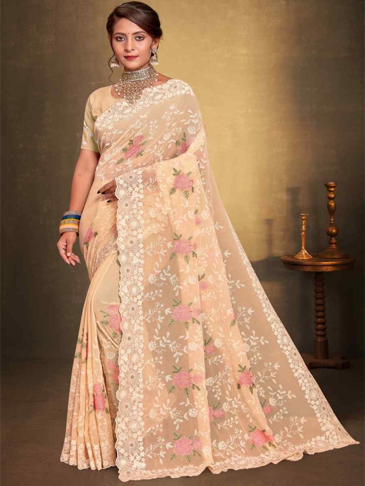 Lemon Yellow Georgette Embroidered Wedding Party Heavy Border Saree