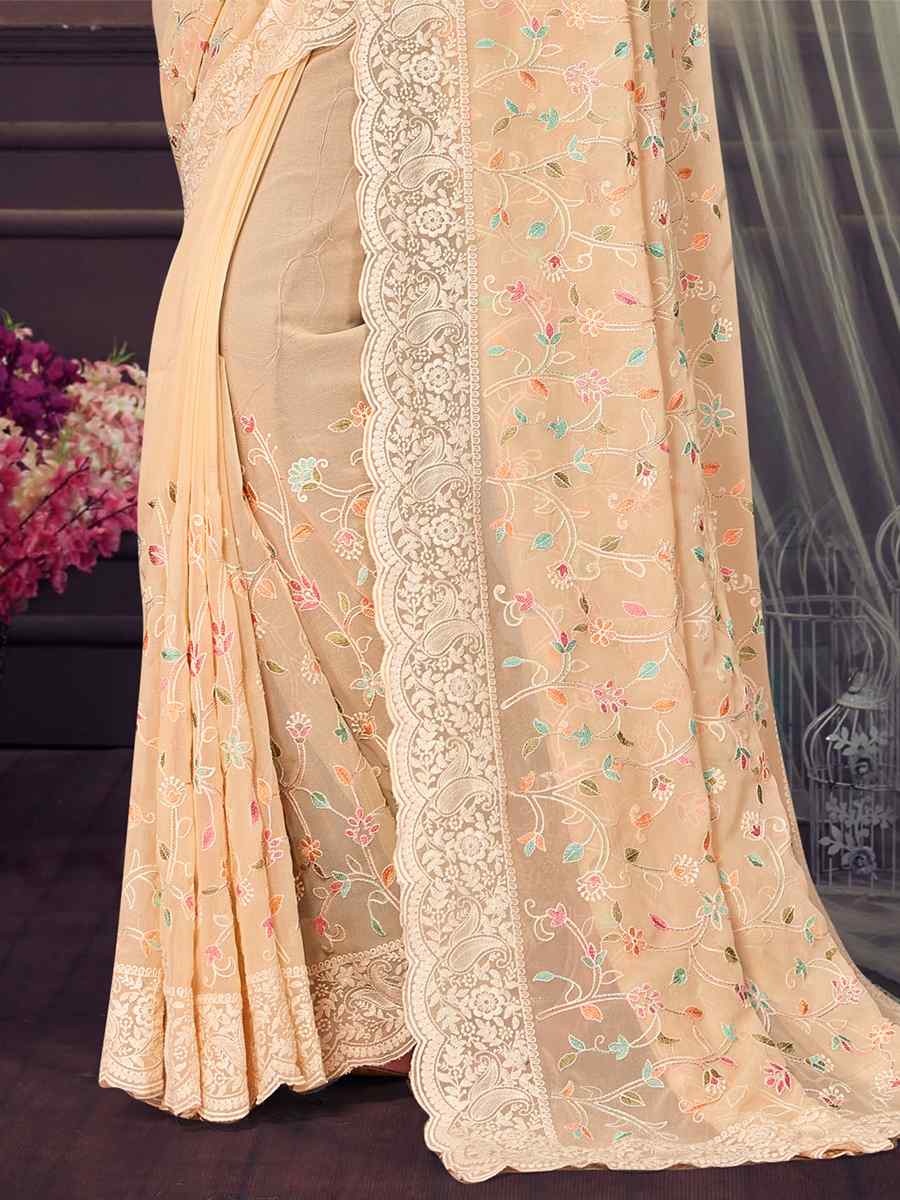 Lemon Yellow Georgette Embroidered Wedding Reception Heavy Border Saree