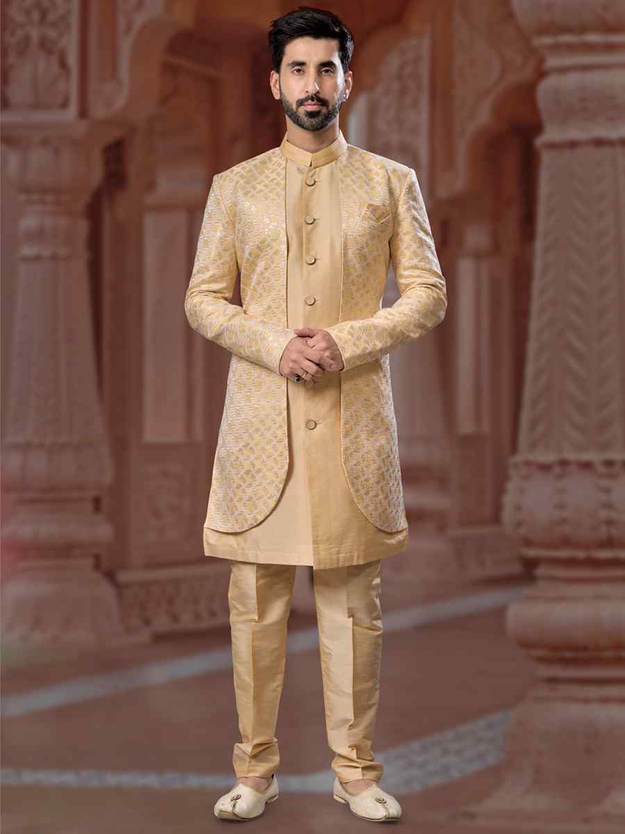 Lemon Yellow Jacquard Silk Dupion Embroidered Groom Wedding Sherwani