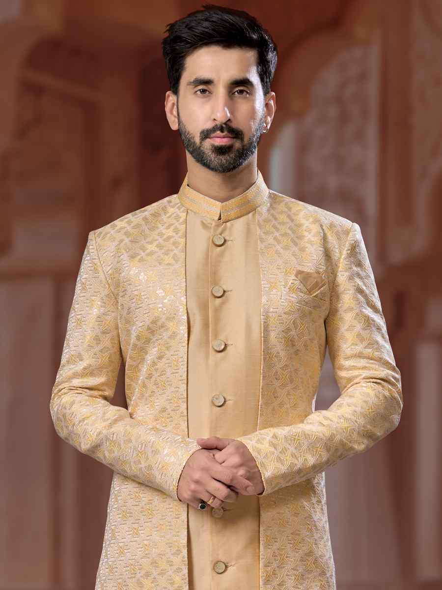 Lemon Yellow Jacquard Silk Dupion Embroidered Groom Wedding Sherwani