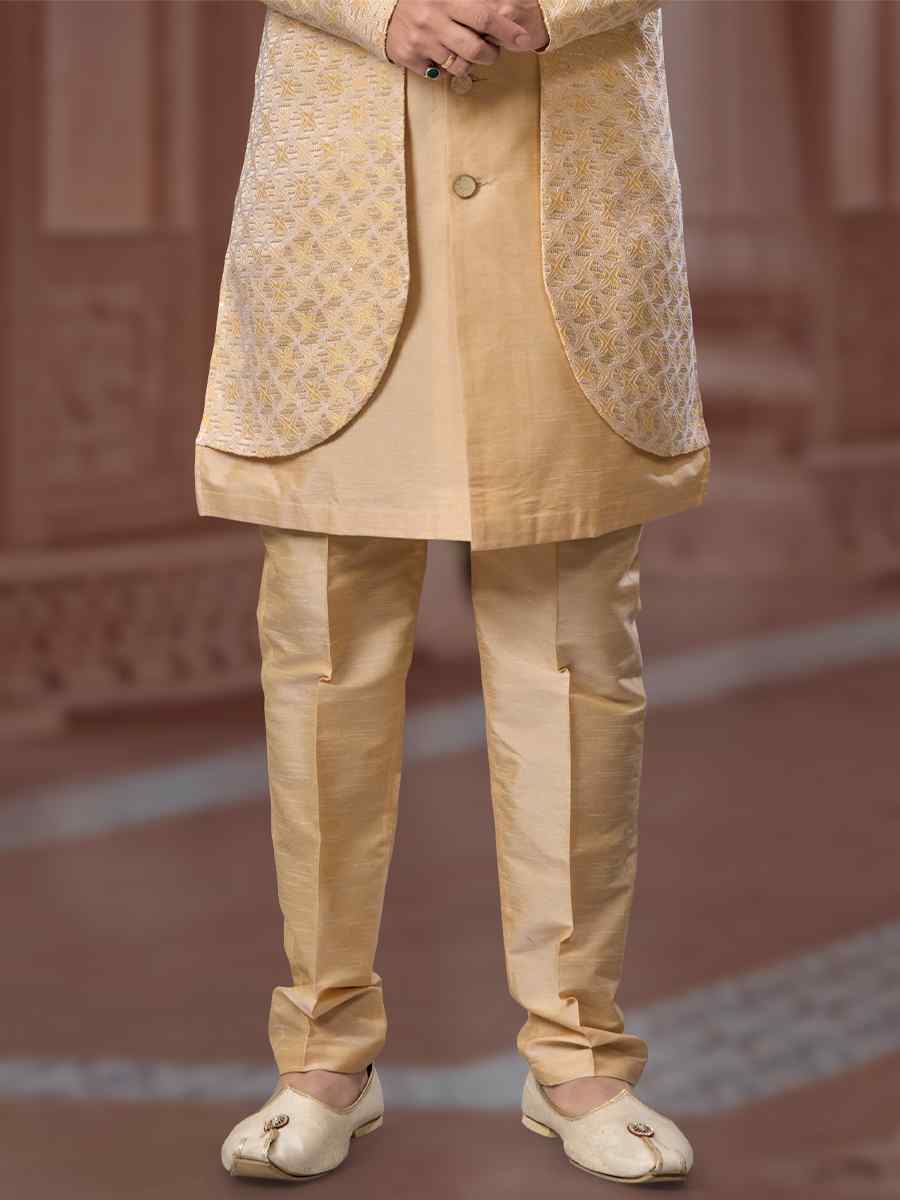 Lemon Yellow Jacquard Silk Dupion Embroidered Groom Wedding Sherwani