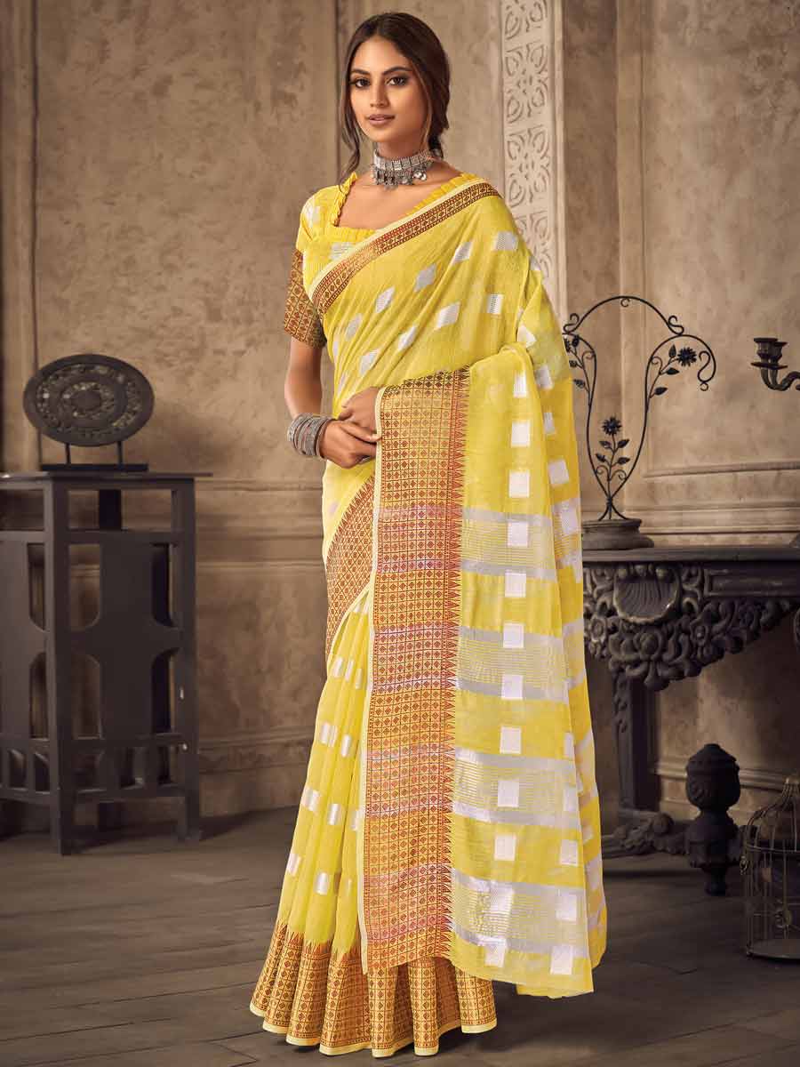 Lemon Yellow Linen Handwoven Festival Saree