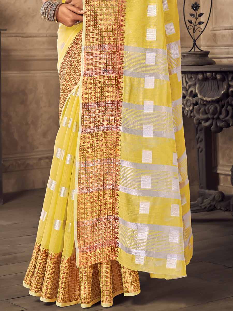 Lemon Yellow Linen Handwoven Festival Saree