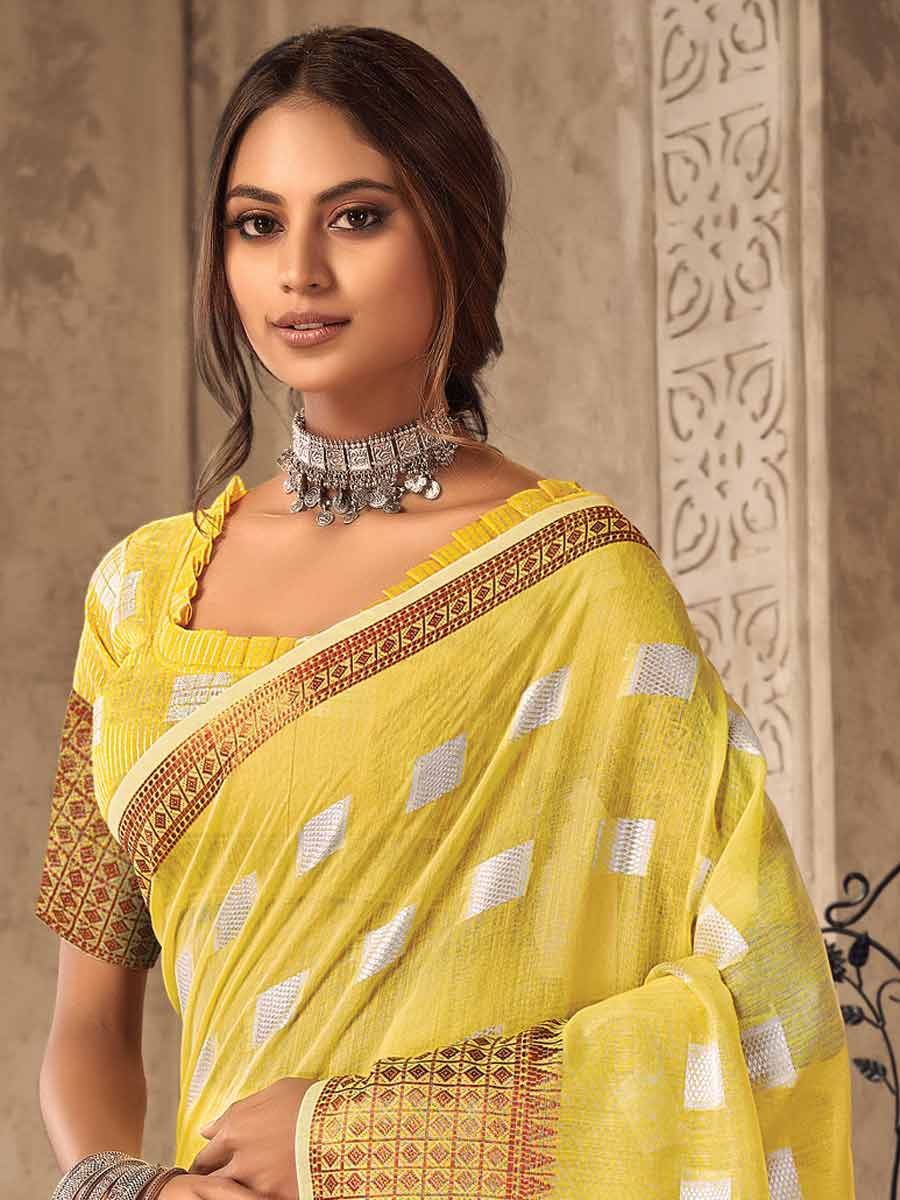 Lemon Yellow Linen Handwoven Festival Saree